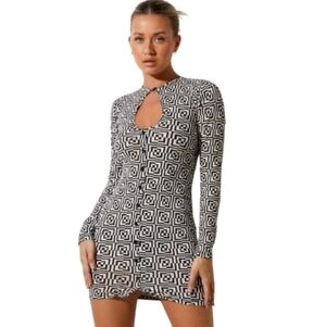 Motel Black & White Bodycon Luder Mini Dress Size S Button Front Keyhole Neck